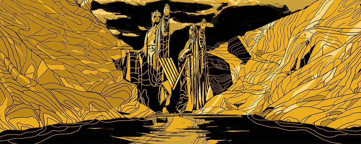 Two colossal statues guarding a river — commissioned artwork